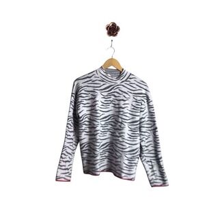 Anthropologie Medium Lizzie Gray White Zebra Print Mock Neck Ultrasoft‎ Sweater